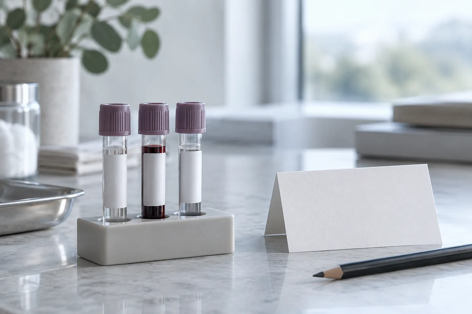 Capped sample tubes with blank labels on a clinical work surface.